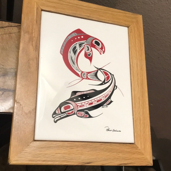 Inuit Two Salmon Tile Art Box Vintage Beautiful - Picture 4 of 13